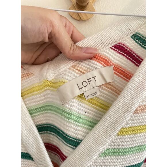 Loft Top Women's Medium White Rainbow Striped Button Up Sweater Tank 100% Cotton - Picture 4 of 7